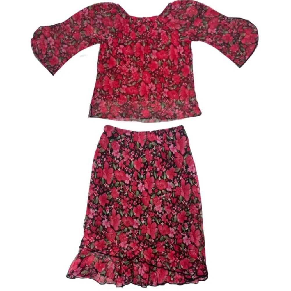 Girls Dress Set Sparkling Floral Glitter Red 2 pc Skirt & Blouse Dressy Outfit
